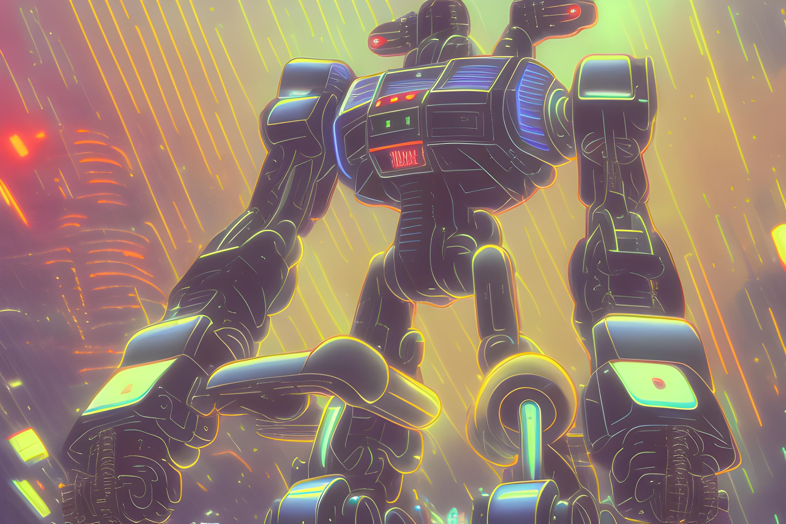 Prompt: 1980s retro mecha anime wallpaper, night cityscape with neon reflections on wet asphalt, a weathered giant robot standing in the rain, detailed mechanical line art, dark blue and purple color scheme, hand-drawn cel animation style, cinematic lighting, volumetric light from headlights, grainy vintage film texture. --ar 16:9